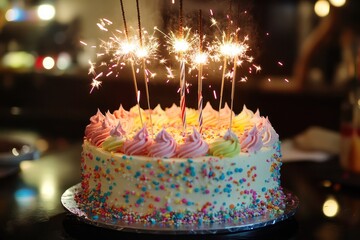 A vibrant birthday cake with sparklers creating a dazzling effect, set in a cheerful and festive environment