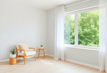 Bright minimalist living room, white brick walls, large floor-to-ceiling windows, wooden armchair, small round coffee table, potted plants, natural light, hardwood floors, Scandinavian design, serene 