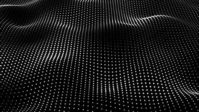 Abstract black background wave white dot particles form. Technology futuristic digital flow seamless looping