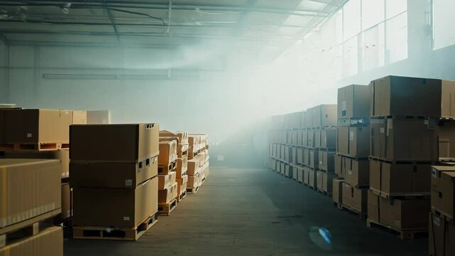 Pan video across interior of a quiet warehouse, showcasing rows of neatly stacked boxes on wooden pallets under soft, diffused ambient light, dust motes float in the air