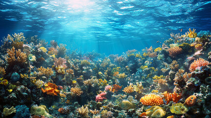 Fototapeta premium Vibrant Coral Reef Underwater Scene: A Breathtaking View of Marine Life and Biodiversity