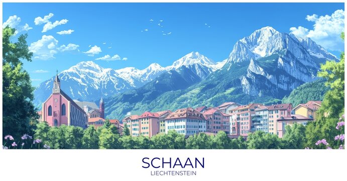 Schaan Liechtenstein Travel Poster Flat Illustration Print Decor Gift Canvas Wall Art