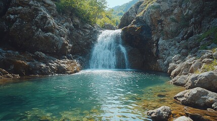 Naklejka premium Serene waterfall cascading into a crystal-clear pool nestled within rocky mountains.