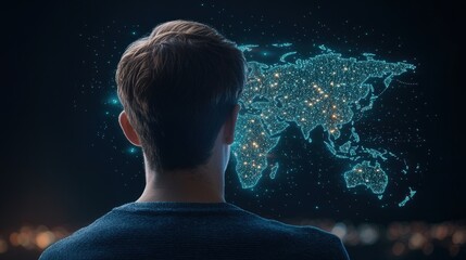 Digital Tech Inspired World Map A world map with glowing contours and pulsating nodes, representing global data centers, cloud computing, and digital information flow.