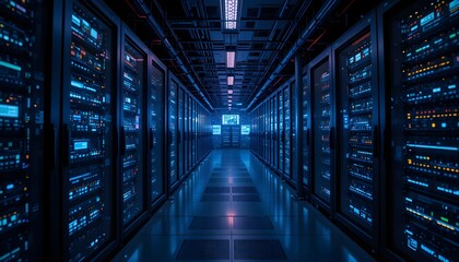 Cutting-Edge Data Center Server Room with Neon Network Communication and Advanced Telecommunication Equipment