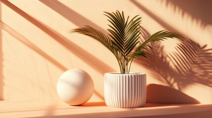 Obraz premium Serene Minimalist Still Life: Palm Plant in White Pot with Sphere, Warm Peach Background, Sunlight Shadows
