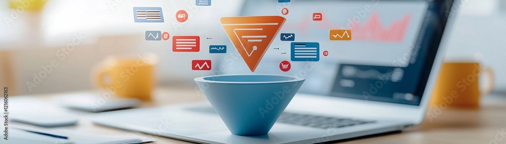 Poster a detailed 3d rendering of a digital marketing funnel, surrounded by data points and graphs illustra