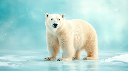Fototapeta premium A close-up of a polar bear face, showcasing its thick white fur and piercing eyes, framed by soft blue and white tones.