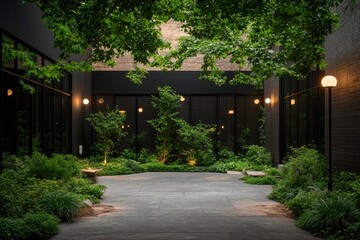 Fototapeta premium hidden courtyard in heart of city filled with greenery and ambient lighting offering moment of tranquility amidst urban