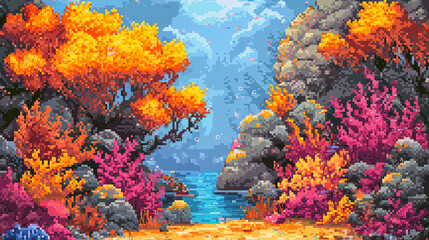 Fototapeta premium Pixel Art Underwater Coral Reef: Vibrant Ocean Scene
