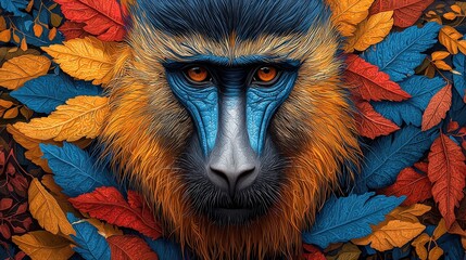 Fototapeta premium A detailed portrait of a mandrill with piercing eyes and textured fur, framed by abstract, colorful foliage patterns.