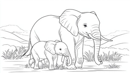 Naklejka premium coloring book Animal and Wildlife A playful family of elephants, including a mother, father, and baby, with intricate details on their skin and tusks.