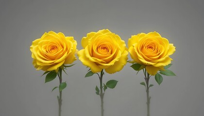 Obraz premium Three perfect yellow roses in a row, elegant and minimalist floral arrangement, close-up, detailed, soft focus background, studio shot, beautiful, vibrant, bright, fresh.
