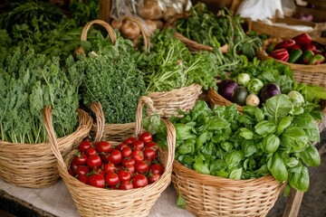 Vibrant market scene with baskets overflowing with fresh vegetables and herbs bustling local marketplace natural setting eye-level view community concept