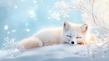 Obraz premium A serene Arctic fox curled up on a snowbank, with frost crystals shimmering in the foreground and a soft glow of light.