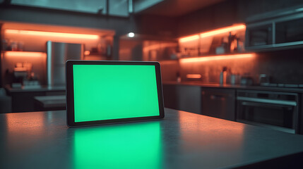 Photograph of a modern kitchen with a black tablet displaying a green screen, bathed in red-orange LED strip lighting, creating a vibrant and stylish atmosphere