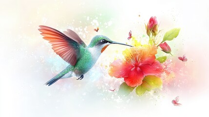 Obraz premium An artistic rendition of a hummingbird feeding on a flower, with detailed textures and vibrant hues highlighting its delicate form.