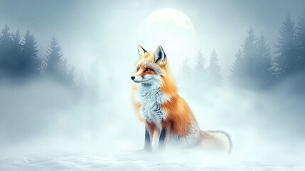 Obraz premium Mystical fox portrait under moonlight, its fur shimmering in cool tones, with a misty forest scene in the background.