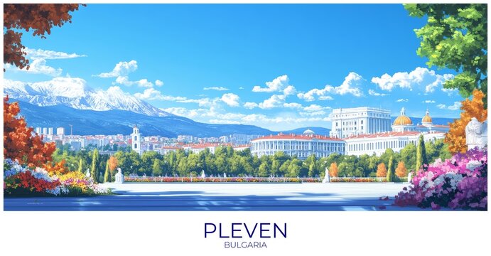 Pleven Bulgaria Travel Poster Flat Illustration Print Decor Gift Canvas Wall Art
