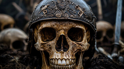 A Fallen Warrior's Skull in a Medieval Helmet: A Dark and Evocative Image