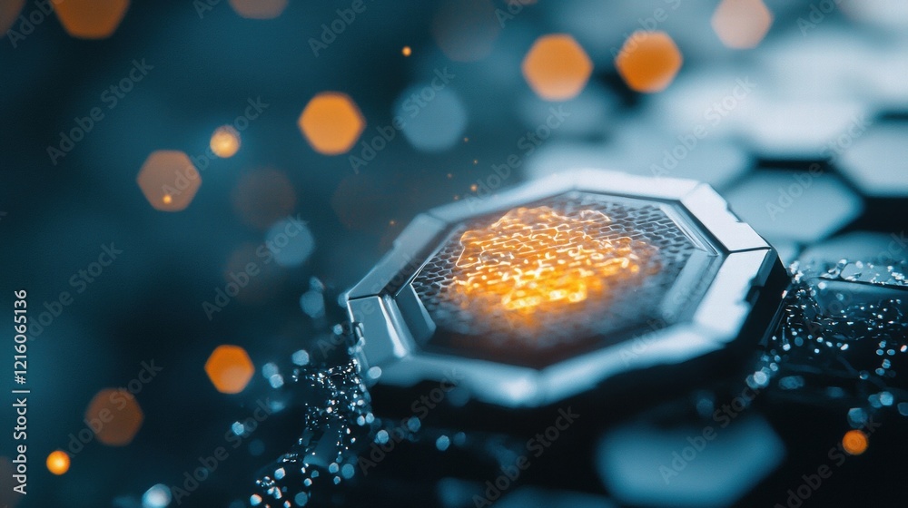 Poster innovative hexagon shape holographic interface with hexagonal icons and data displays, representing 