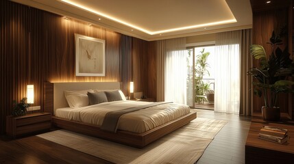 Elegant bedroom furniture with a low-profile bed, matching nightstands, and a sleek wardrobe in neutral tones.