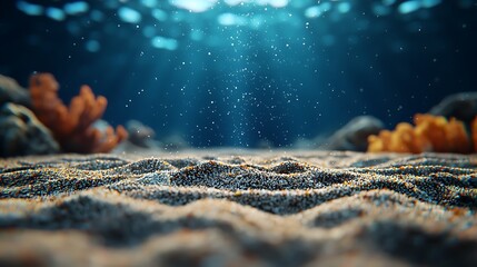 Ocean floor sand, coral, sunlight, underwater scene; product display