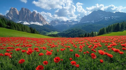 Poppies blooming, alpine meadow, mountains, sunny day, travel poster