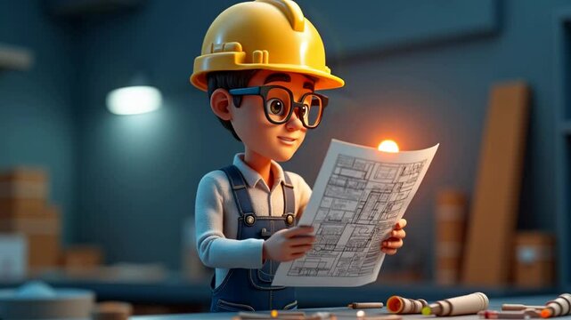 3D rendering of a male engineer character holding a glowing blueprint