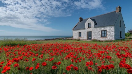 Coastal cottage, poppy field, ocean view, summer