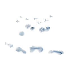 Bird, animal, human footprints in snow watercolor set isolated on white. Hand painted outdoor illustration for national park products, ads, cards, banners, invitations, guides, stickers decor and