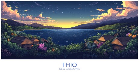 Thio New caledonia Travel Poster Flat Illustration Print Decor Gift Canvas Wall Art