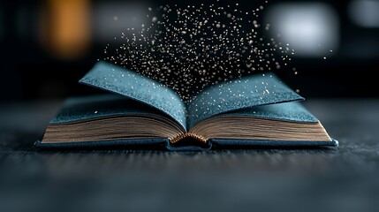 Fototapeta premium Open book, magic dust, dark background, fantasy, storytelling