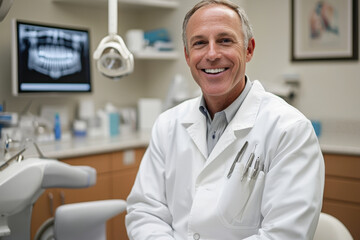 Obraz premium Dentist smiling confidently in well-equipped clinic during a routine check-up, showcasing a welcoming atmosphere for patients