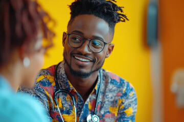 Fototapeta premium Health professional engages in warm dialogue with a patient in a vibrant clinic setting during a bright afternoon