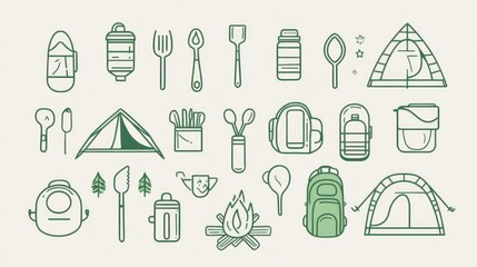 Camping gear icons tent, backpack, utensils, water bottles