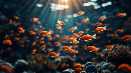Orange fish school, coral reef, underwater sunlight, ocean background, nature wallpaper