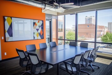 Modern meeting room with large windows orange wall and black table and chairs
