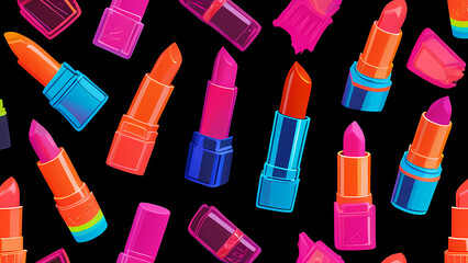 Obraz premium a vivid image of lipstick stamps in neon colors, such as bright pink, electric blue, lime green, and vibrant orange, scattered across a solid black background