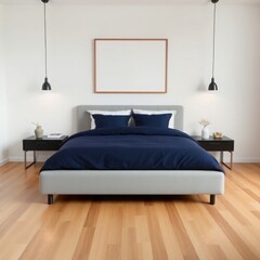 Modern bedroom interior with a bed, nightstands, and a framed artwork.