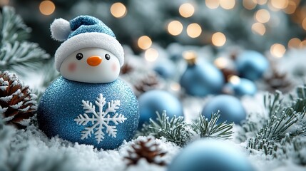 A festive Christmas scene featuring blue and white decorations. Includes ornaments, snowflakes, and fir branches evoking a sense of elegance