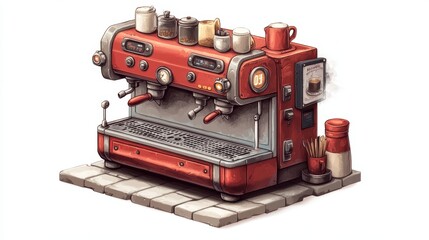 Fototapeta premium top down retro cafe classic drip coffee machine iconic, large details, on white background.