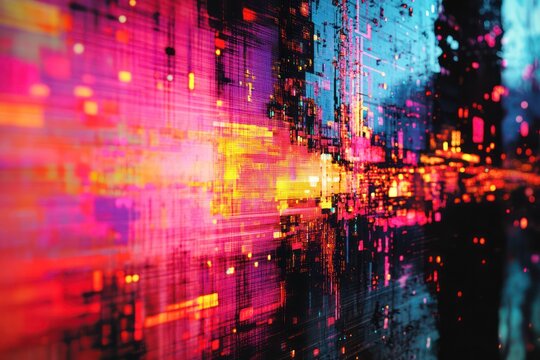 Abstract error symbols on a corrupted screen, blending with vibrant glitch effects and fragmented patterns