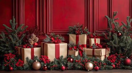 A festive Christmas scene with beautifully wrapped gifts and ornaments on a vibrant red backdrop, evoking joy and holiday spirit