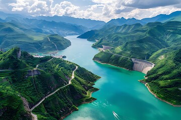 Hydroelectric power dam on a river and mountains