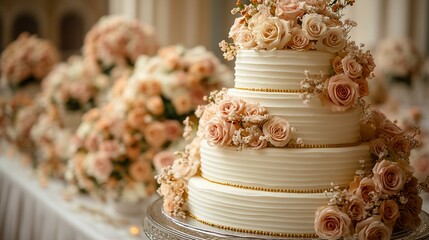 Fototapeta premium Elegant four-tier wedding cake adorned with blush roses.