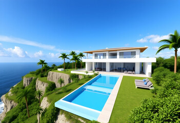 Luxurious modern villa, infinity pool, ocean cliff, tropical paradise, palm trees, crystal clear water, blue sky, white architecture, panoramic sea view, sunlit terrace, minimalist design, tranquil at