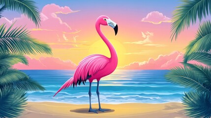 Fototapeta premium Pink flamingo standing on a beach at sunset, oil dripping from its body