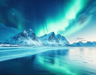 A breathtaking display of the Northern Lights over snowy mountains and reflective icy beach