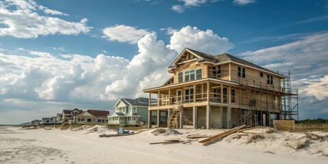 Coastal Home Under Construction on a Sandy Beach
